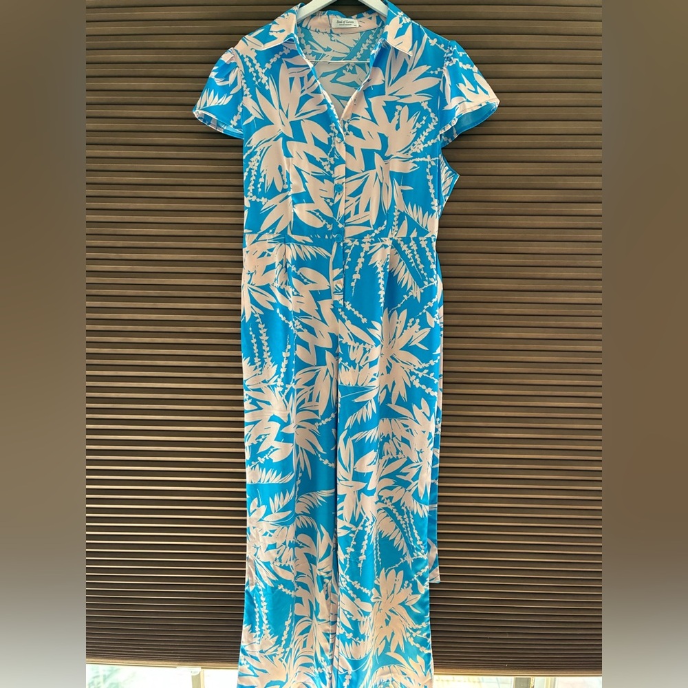Tropical Blue and Cream Leaf Print Jumpsuit
